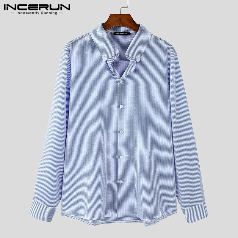 INCERUN-Tops bien ajustados a la moda para hombre, camisas con diseño de cuello Windsor, ropa de calle informal, blusa de manga larga a rayas simples 2024