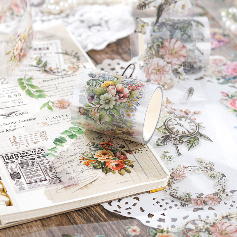 200 ซม./ม้วนสัตว์เลี้ยง Retro ดอกไม้เทปหมึกสีขาวตัดฟิล์มที่มีสีสัน Bouquet Series รูปพิเศษคู่มือภูมิทัศน์วัสดุสติกเกอร์