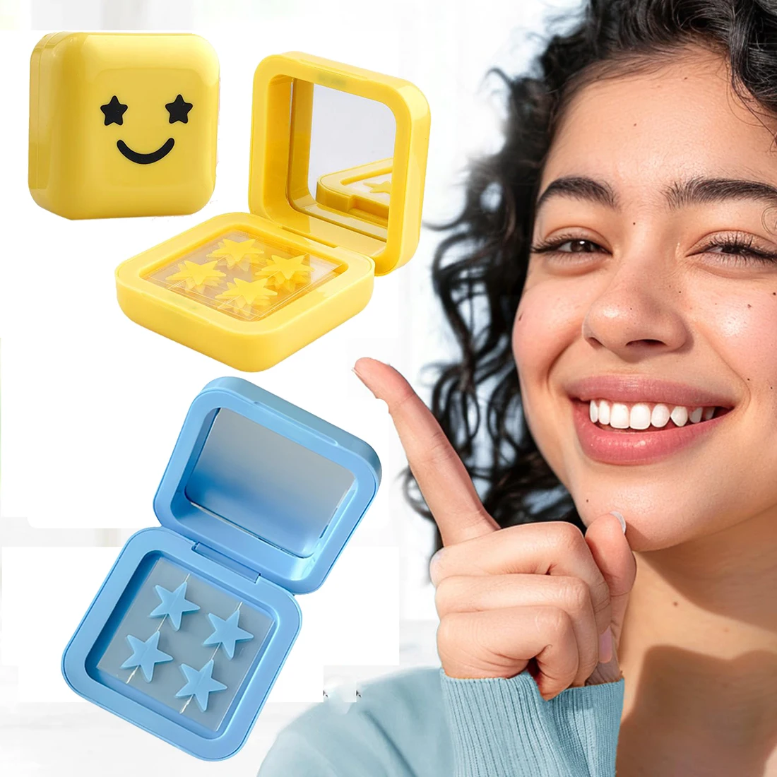 Toppe idrocolloidali per brufoli con stelle blu/gialle con scatola portaoggetti a specchio, adesivi per macchie dell'acne per il viso, strumento per il trucco dello specchio temporaneo