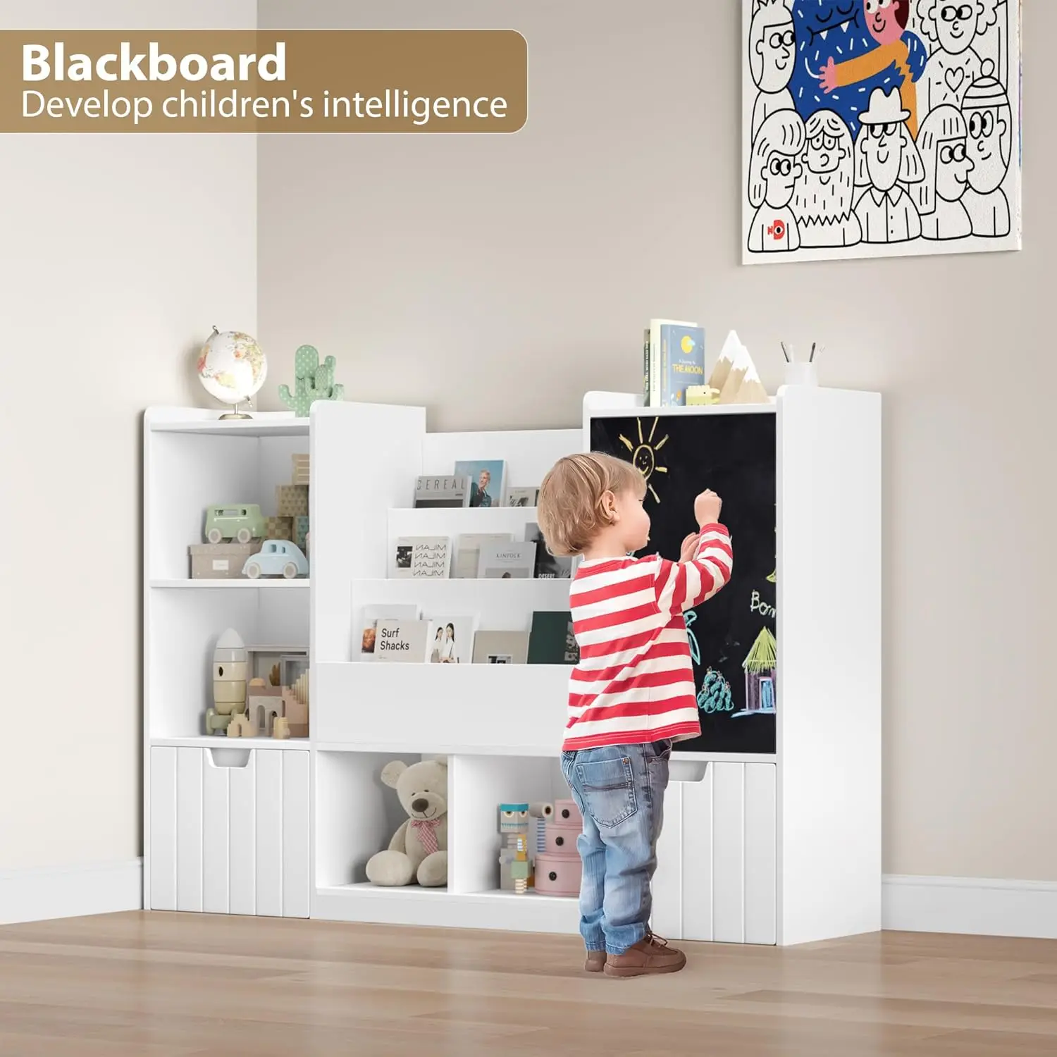 Toy Storage Organizer, 55.1” Large Toy Organizer and Storage with Chalkboard, Kids Bookshelf and Bookcase with 2 Movab