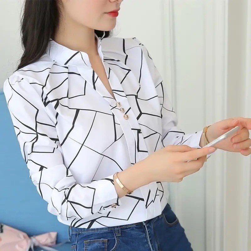 女性白トップスブラウスファッションストライププリントカジュアル長袖オフィスレディ OL シャツスリム Blusas DF4970