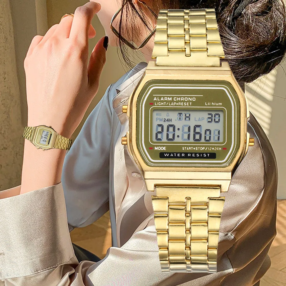 Reloj Digital elegante para mujer, relojes de pulsera electrónicos de acero inoxidable dorado y plateado para mujer, reloj para hombre Zegarek Damski