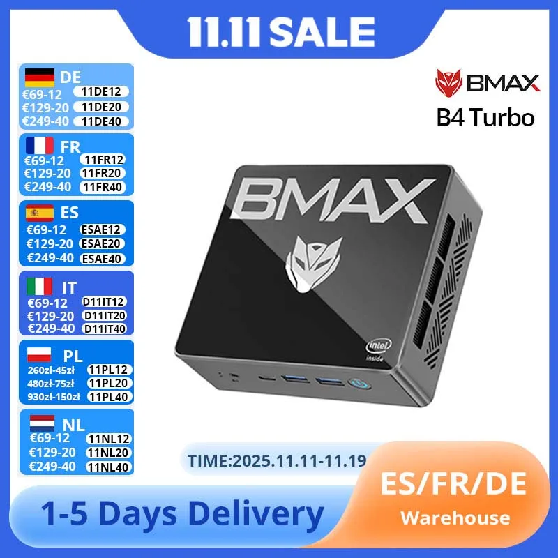 BMAX B4 Turbo Mini PC Windows 11 PC Intel N150 16 GB 512 GB SSD 2 * HDMI 1 * Tipo-C Supporta 4K a 60 Hz 1000 MHz Grafica Intel USB
