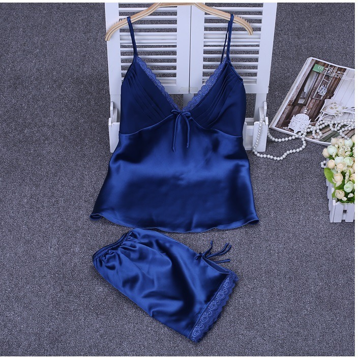 ストラップトップ & ショーツホーム服 2 個ランジェリーサテンナイトウェア女性のセクシーなレーストリムパジャマスーツエレガントなビッグサイズ 3Xl