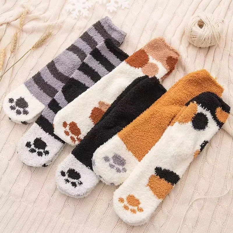1/6 Pairs Vrouwen Herfst Winter Dikke Warme Kat Poot Patroon Mid Tube Sokken Comfortabele Zweetabsorberende Coral Fleece Casual Sokken