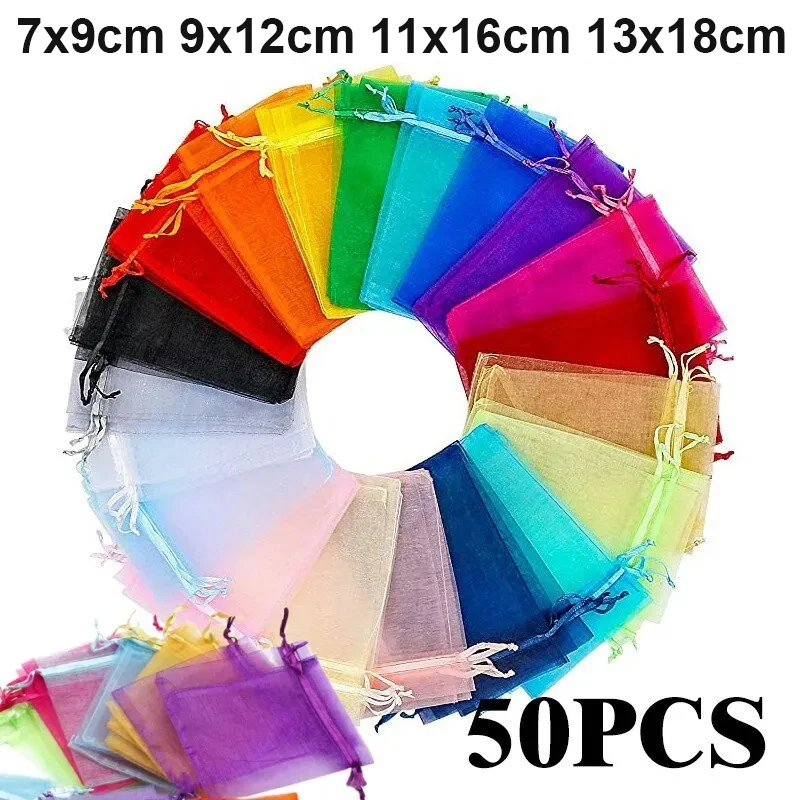 50 stks/partij Veelkleurige Sieraden Verpakking Zak 7*9 9*12 11*16 13*18 Organza Zakjes Gift opslag Bruiloft Trekkoord Zakjes Groothandel
