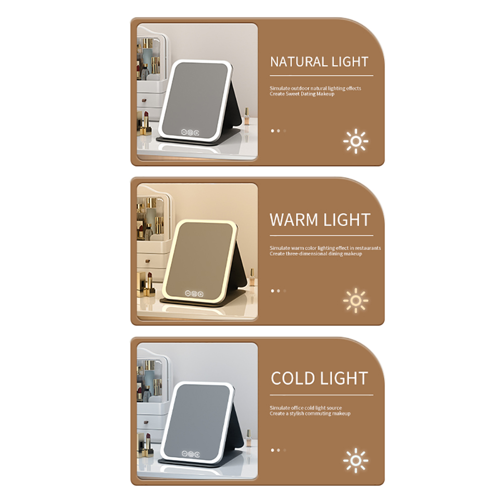 Espejo de maquillaje LED regulable de 3 colores con pantalla táctil, espejo de maquillaje cosmético plegable, mesa recargable para viajes y uso doméstico