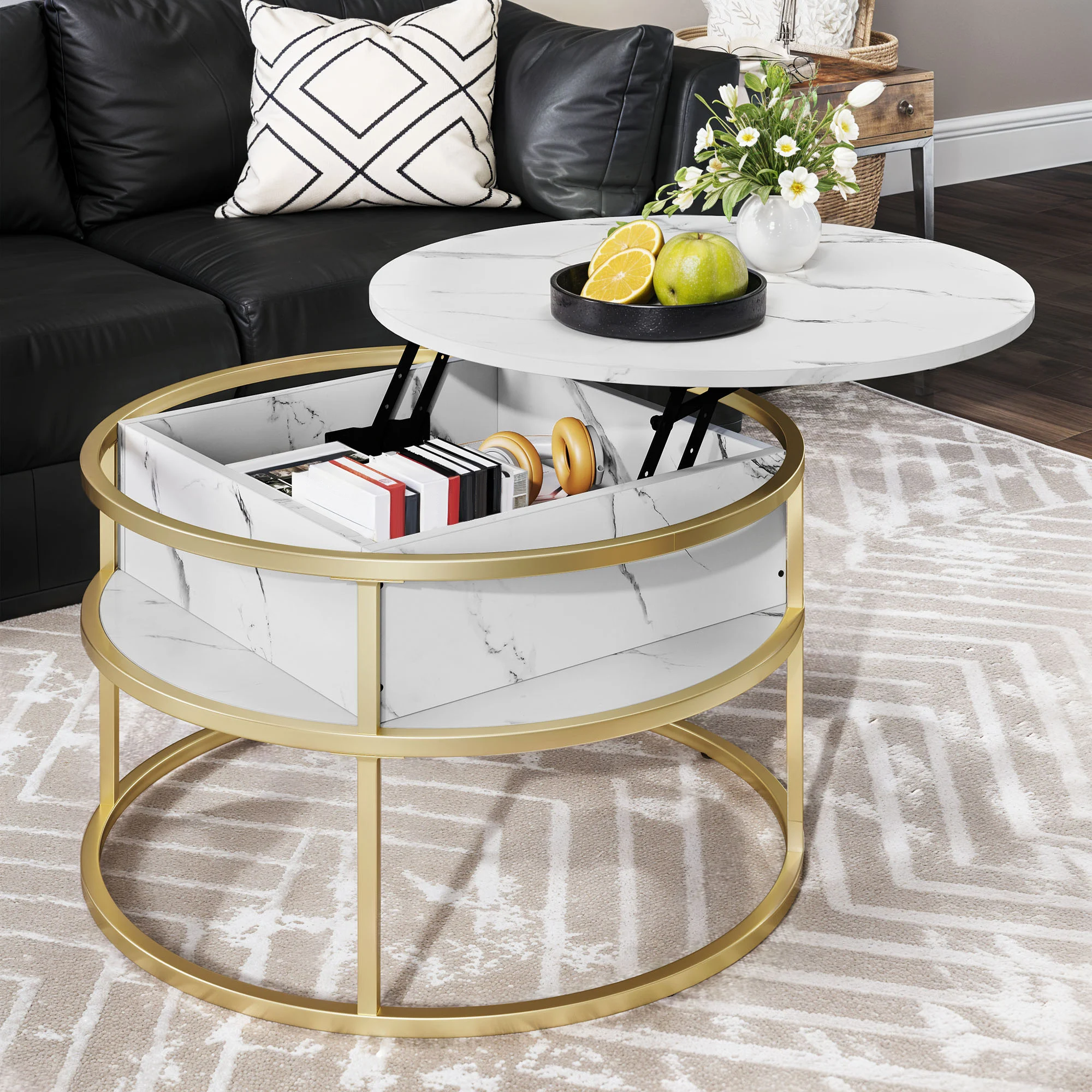 YITAHOME Weißer und goldener runder Couchtisch mit Hubplatte – moderner Tisch mit verstecktem Stauraum für das Heimbüro