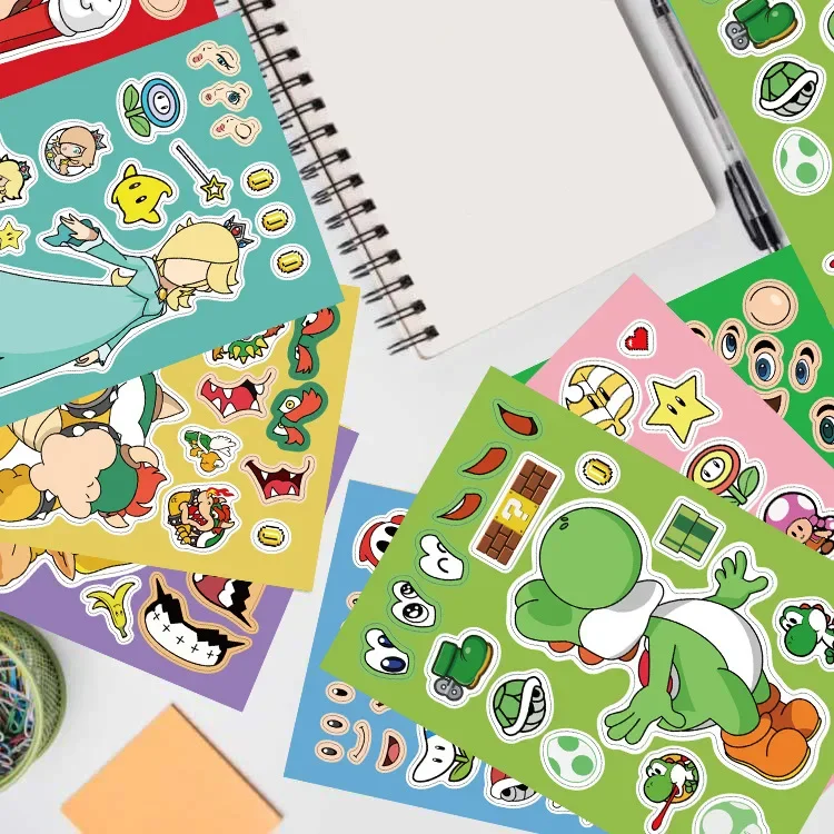 8/16/32 แผ่นการ์ตูน Mario Make A Face ปริศนาสติกเกอร์เด็กทํา DIY เกมเด็กจิ๊กซอว์การศึกษาสติกเกอร์ของเล่น