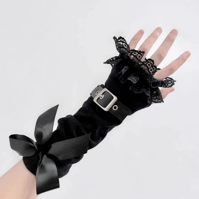 ロングレースパッチワークアームウォーマー、フィンガーレスグローブ、日焼け止めスリーブ、y2kストライプ、グランジ、ゴシック、ボウ、原宿、夏