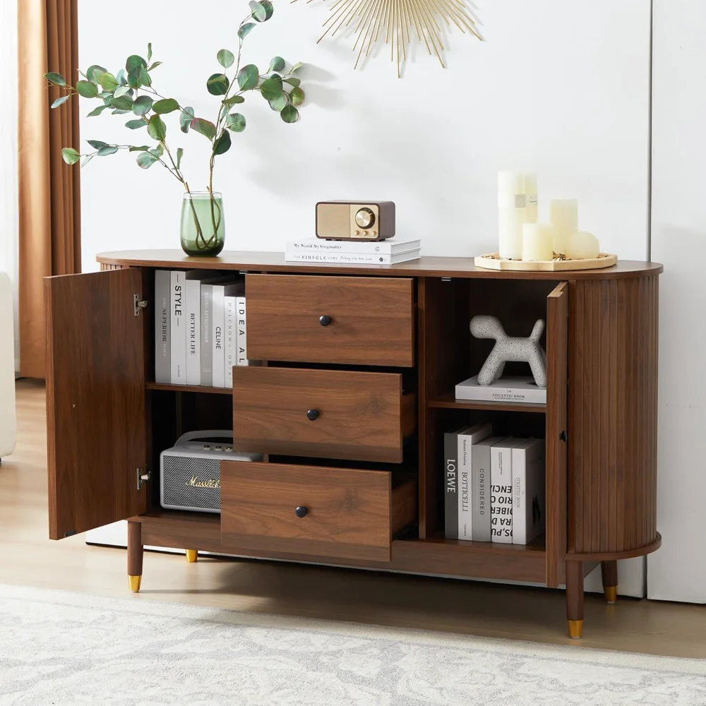 55inch bar Fluted Sideboard Buffet Cabinet with Storage,Oval Curved Edge Sideboard with Drawer, Buffet Cabinet for Diner, bar