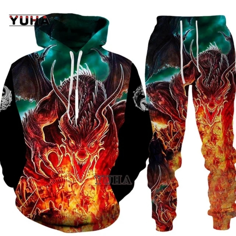 Nuevo diseño de dragón hombres Sudadera con capucha Anime Y2k sudadera pantalones de chándal 3D impreso Otoño Invierno Cool sudadera ropa deportiva con capucha