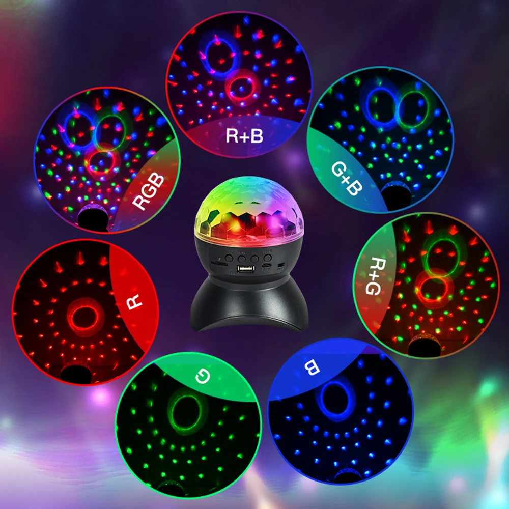 ลําโพงดีเจดิสโก้บอลไร้สายบลูทูธเพลงหมุนเวทีแสง RGB Strobe เลเซอร์โปรเจคเตอร์แบบชาร์จไฟได้ Party Light