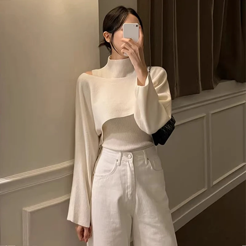 Chic Knitted High Collar Vest Long Sleeve Inner Wear Top plus Versatile Sweater Cover up Two Piece Set for Young Women