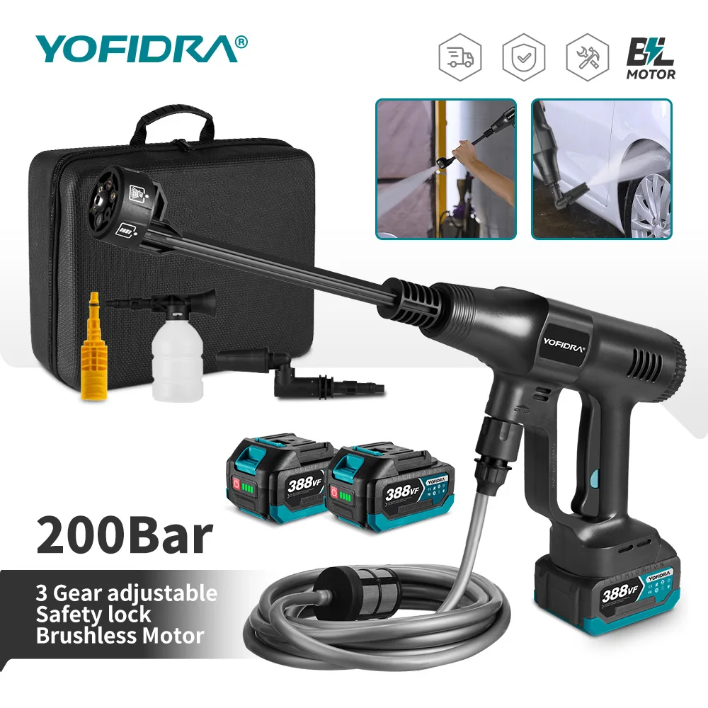 YOFIDRA 6 en 1 200Bar sin escobillas de alta presión lavadora de coches pistola de agua limpieza del hogar lavado pistola pulverizadora para batería de 21V 18V