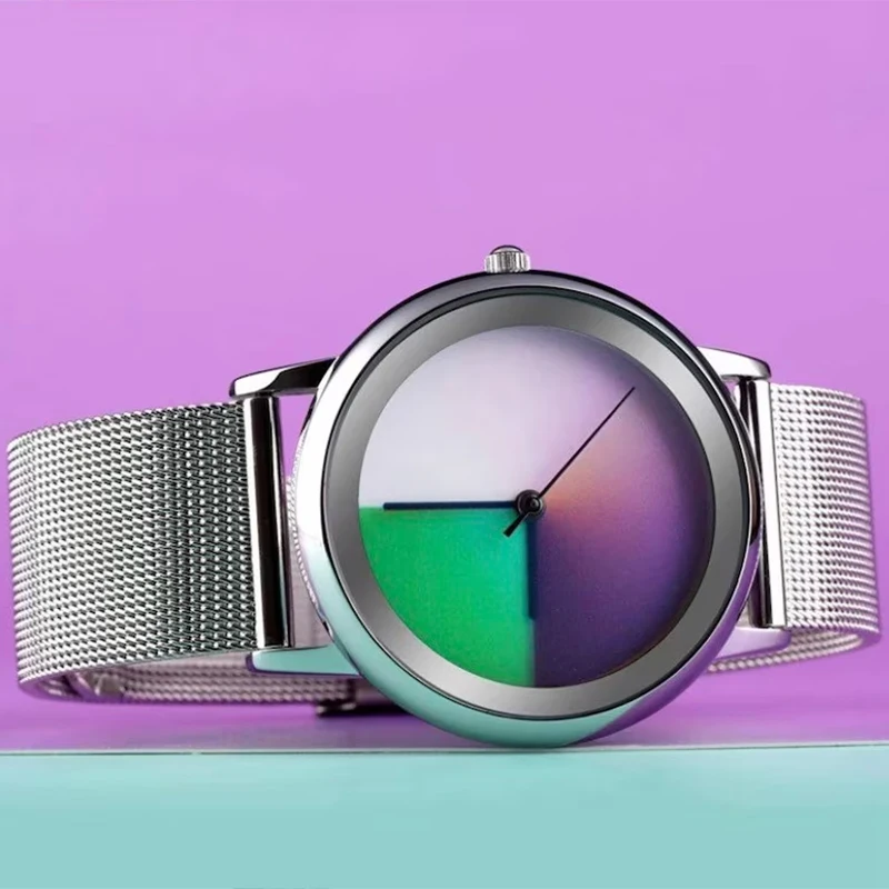 Nuevo reloj único para mujer, reloj de pulsera de cuarzo con esfera cambiante colorida informal a la moda, relojes simples de acero ultrafinos para mujer, regalo especial
