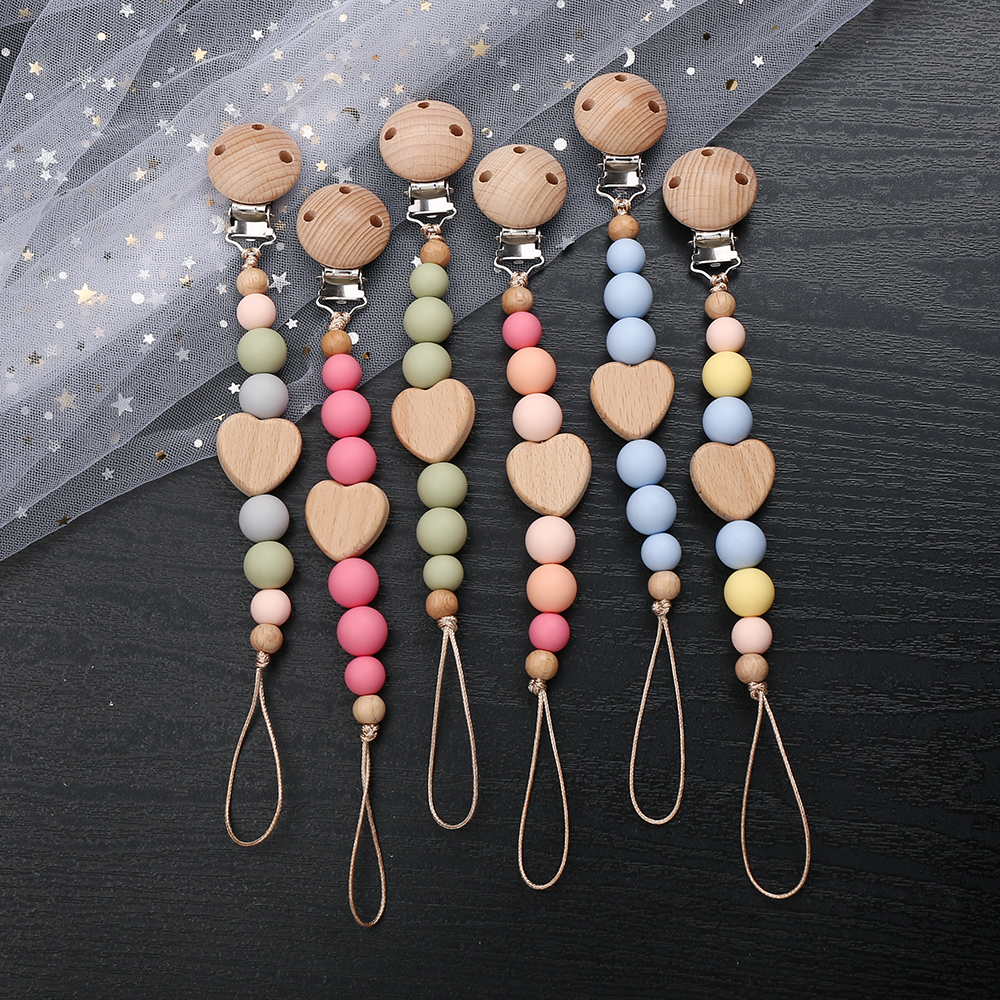New Heart Wooden Beech Clip Baby Pacifier Chain Silicone Beads Dummy Nipple Holder Guard Teether Pendant Newborn Chew Toys Gift