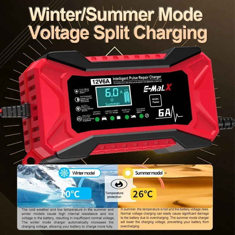 12V 6A Auto Acculader Puls Reparatie LiFePO4 14.6V Smart Fast Charge AGM Deep Cycle GEL Lood-zuur Oplader voor Auto Motor