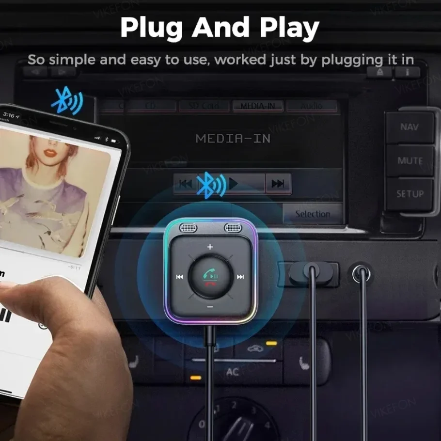 VIKEFON Bluetooth 5.4 Autoadapter mit Dual-Mikrofon Geräuschunterdrückung AUX Bluetooth Wireless Receiver Car Kit Plug-and-Play