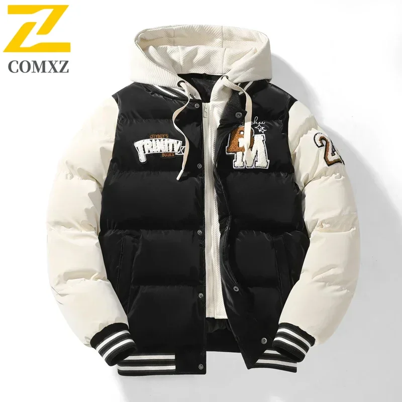 Jaqueta de beisebol de inverno 2024 novo design bordado casaco jovem ao ar livre falso 2 peças esportes masculinos jaqueta de algodão com capuz plus size