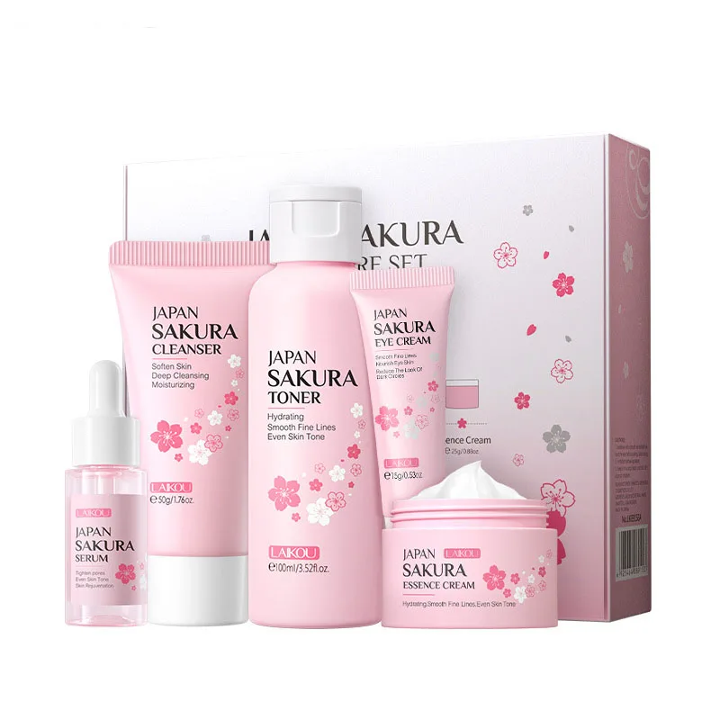 5/6 pçs sakura conjuntos de cuidados com a pele creme facial soro toner limpador facial protetor solar creme para os olhos rosto produtos de cuidados com a pele