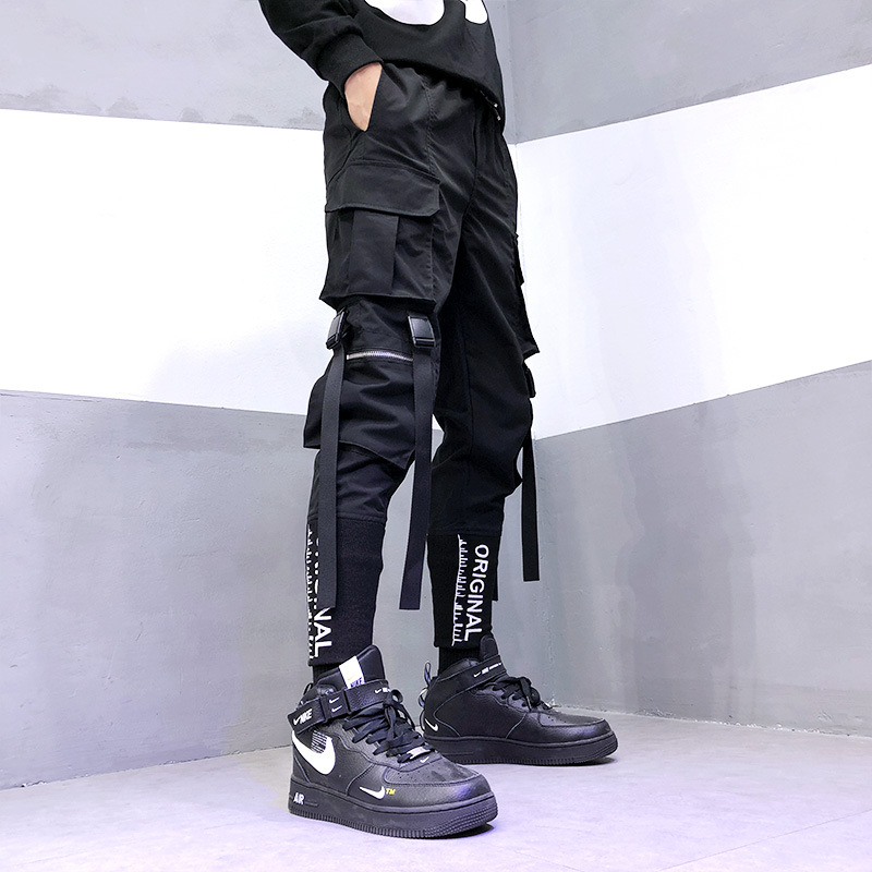Calça masculina moda japonesa Harajuku Hip Hop, calça cargo streetwear masculina, corredores de bolsos com fita, calça masculina Techwear