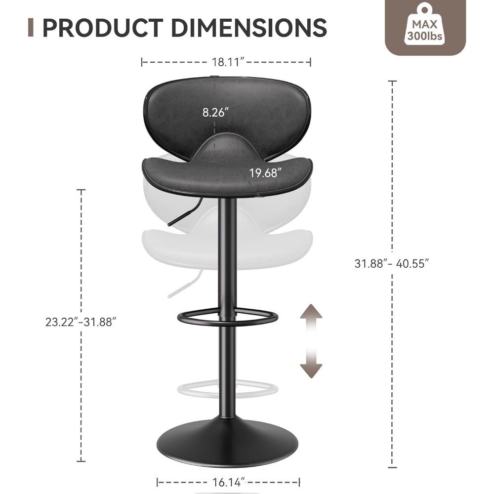 Set of 4 Swivel Faux Leather Bar Stools with Backrest and Footrest, Adjustable Counter Height Kitchen Stools