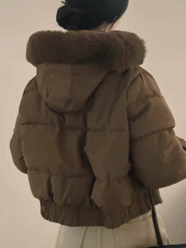 Casaco Curto com Capuz Estiloso e Acolchoado para Outono e Inverno, Jaqueta de Aodão com Forro de Fce para Mulheres