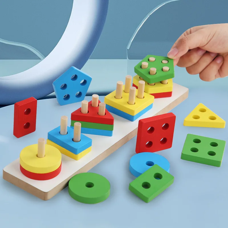 Montessori Wooden Block Toys Children Geometric Shape Color Sorter Block Puzzles Toddler Sorting Math Bricks Stacking Toys