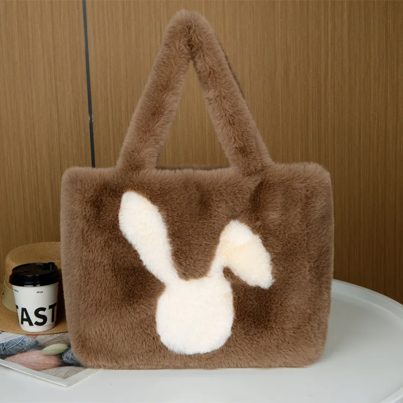 Soft Cute Plush Bag Autumn Winter Large Capacity Rabbit Print Hand-held Shoulder Bag Tote Plush Bag Women's Square Bag 2025