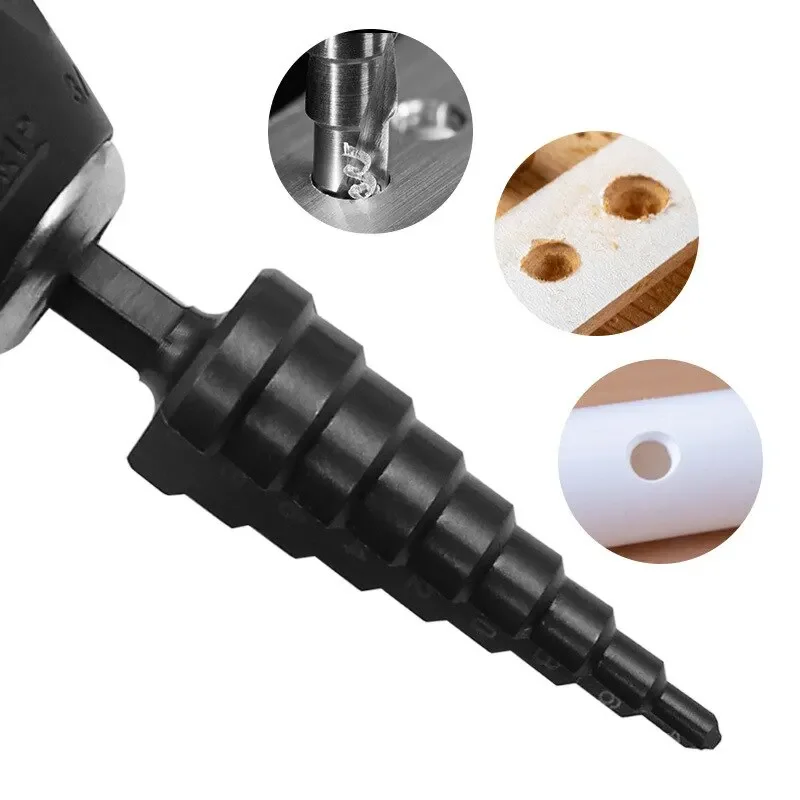 Set di 3 punte da trapano per scaletta con scanalatura diritta con codolo esagonale nero, alesatura e apertura dei fori, set di strumenti per trapano a pagoda annerita