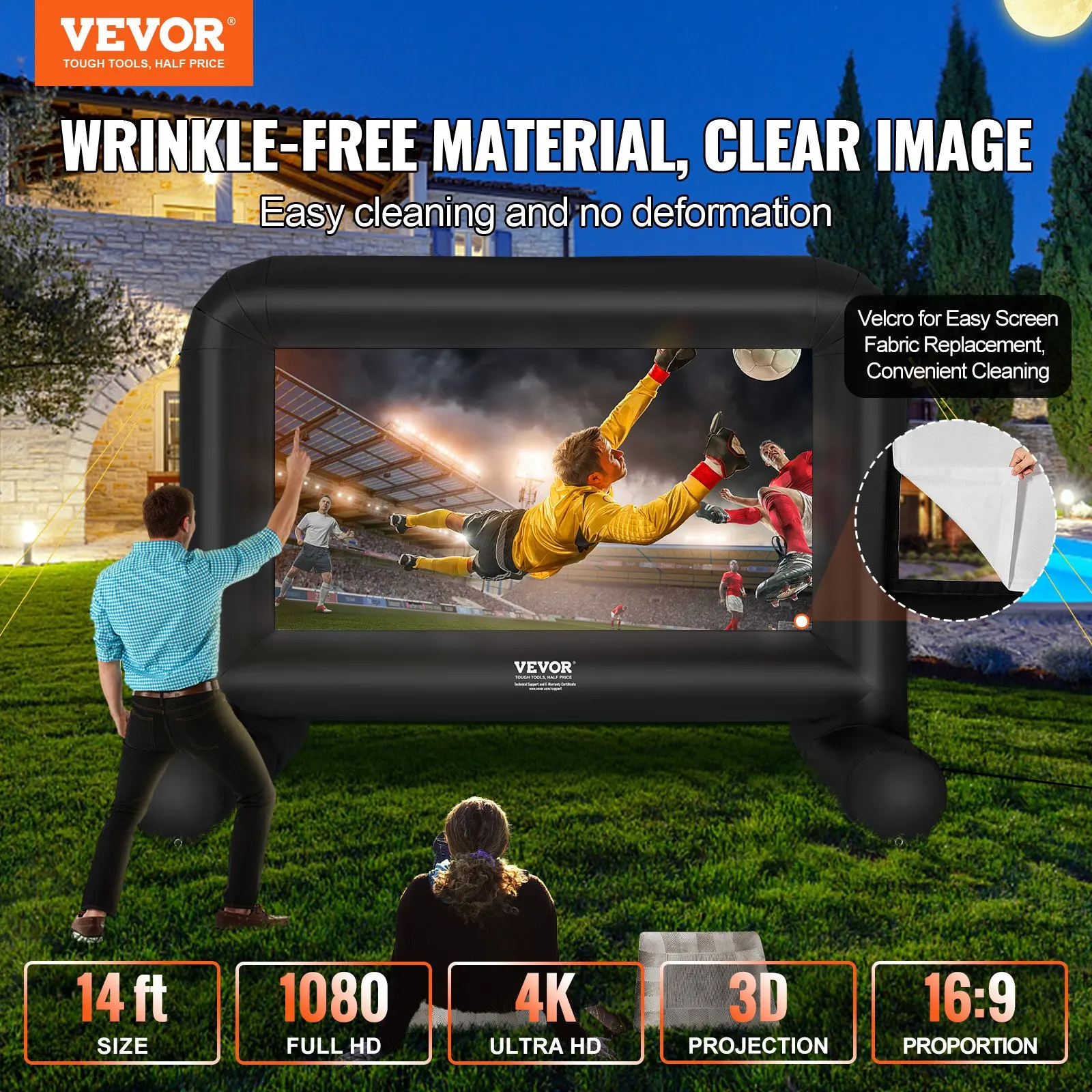 Inflatable Movie Screen, 14 FT  168inch Inflatable Projector Screen For Outside With Blower And Carrying Bag, Front Rear