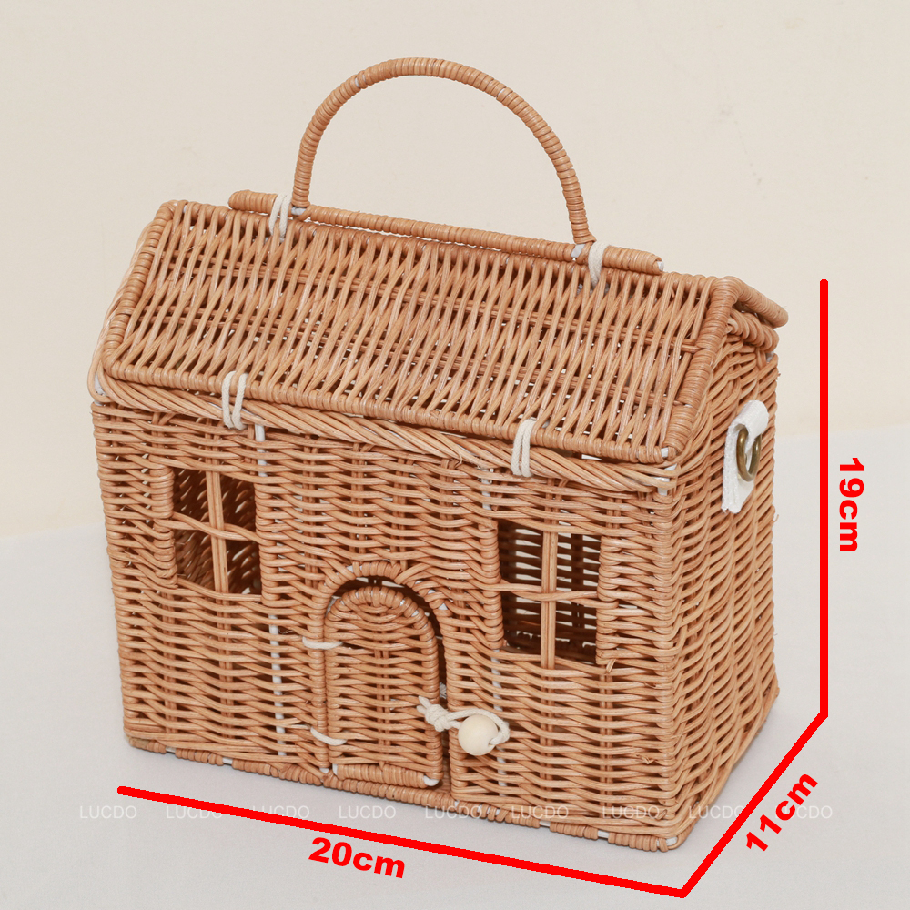 หวายทำด้วยมือ Weaven เห็ด Summer Beach กระเป๋าฟาง House Shape หวายหวายทอไหล่ Crossbody กระเป๋า