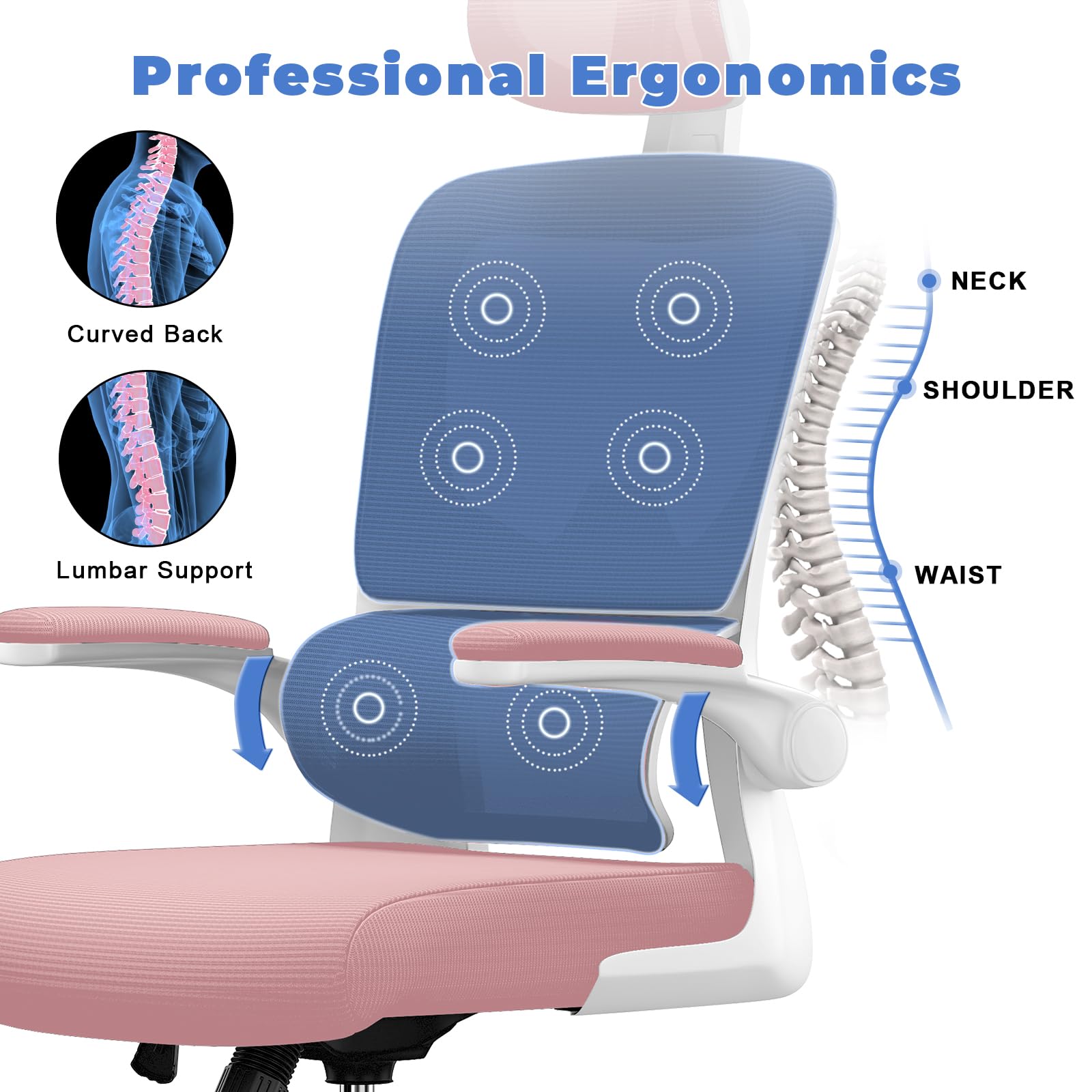Chaise de Bureau Ergonomique avec Support Lombaire en Forme de C, Repose-Sauna Réglable et Accoudoir Réversible pour Bureau à Domicile