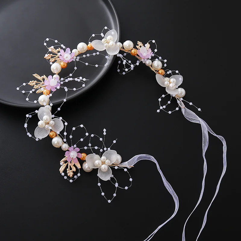 Diadema de novia, diadema de flores de perlas, corona de flores para niños, accesorio para el cabello de princesa súper Hada, diadema, cinta