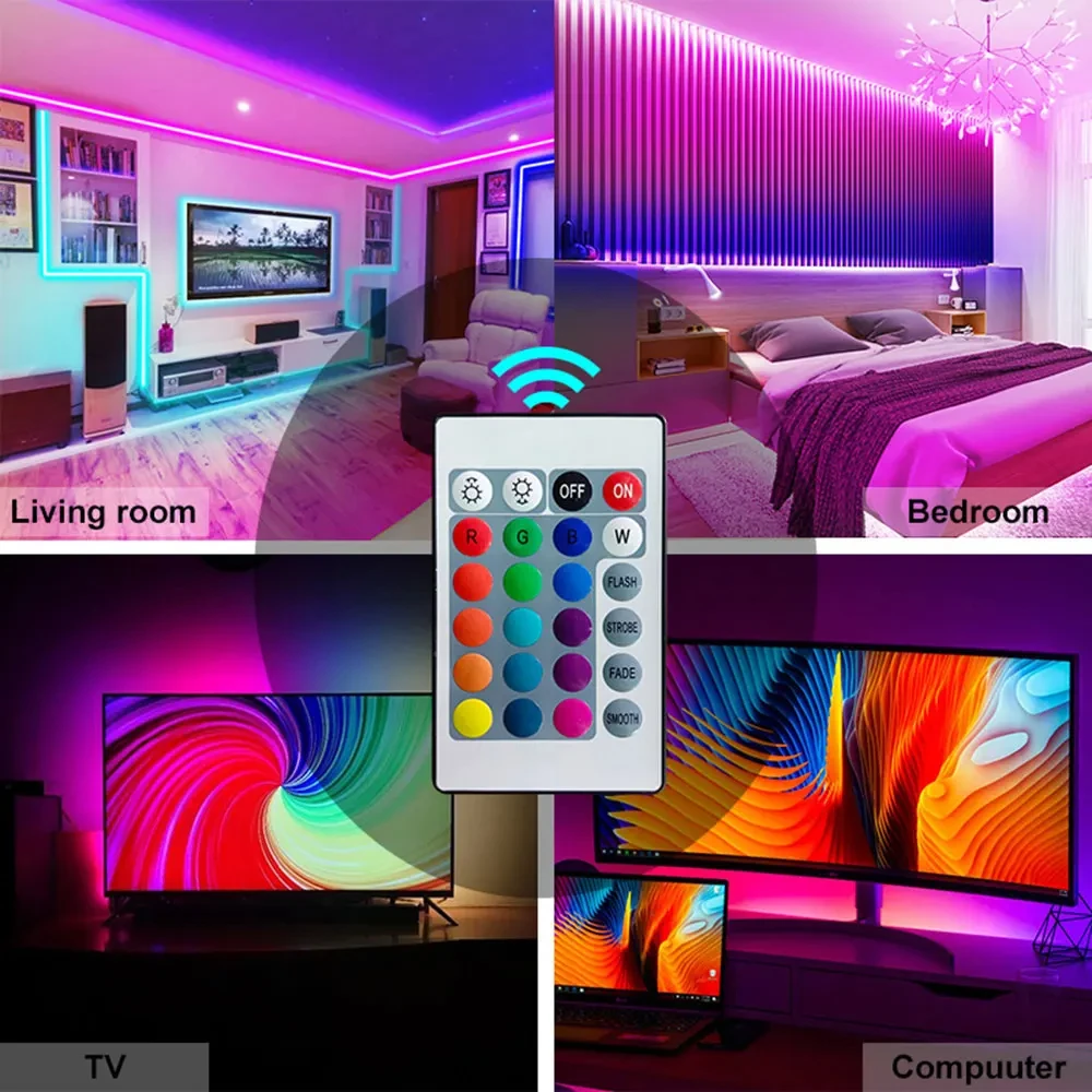 1M-30M USB LED Strip Lights Multicolor Bluetooth Control With 24Key Remote Music Sync Flexible Lamp for Home Party Decoration