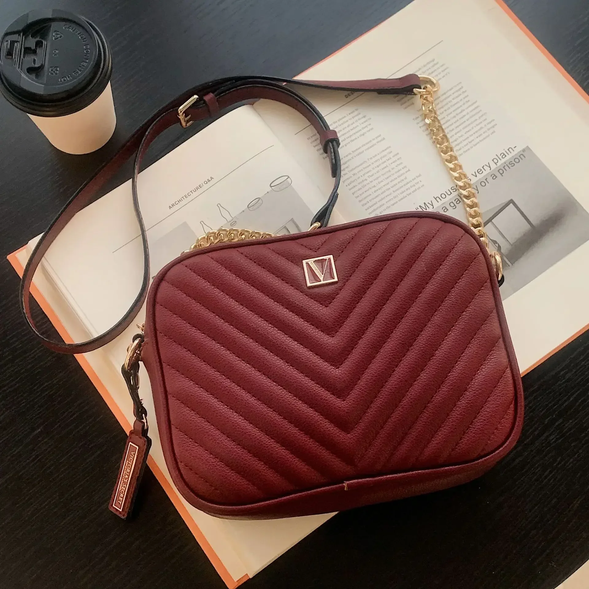 Bolso de mujer Monedero con colcha en V y cadena de metal con cremallera