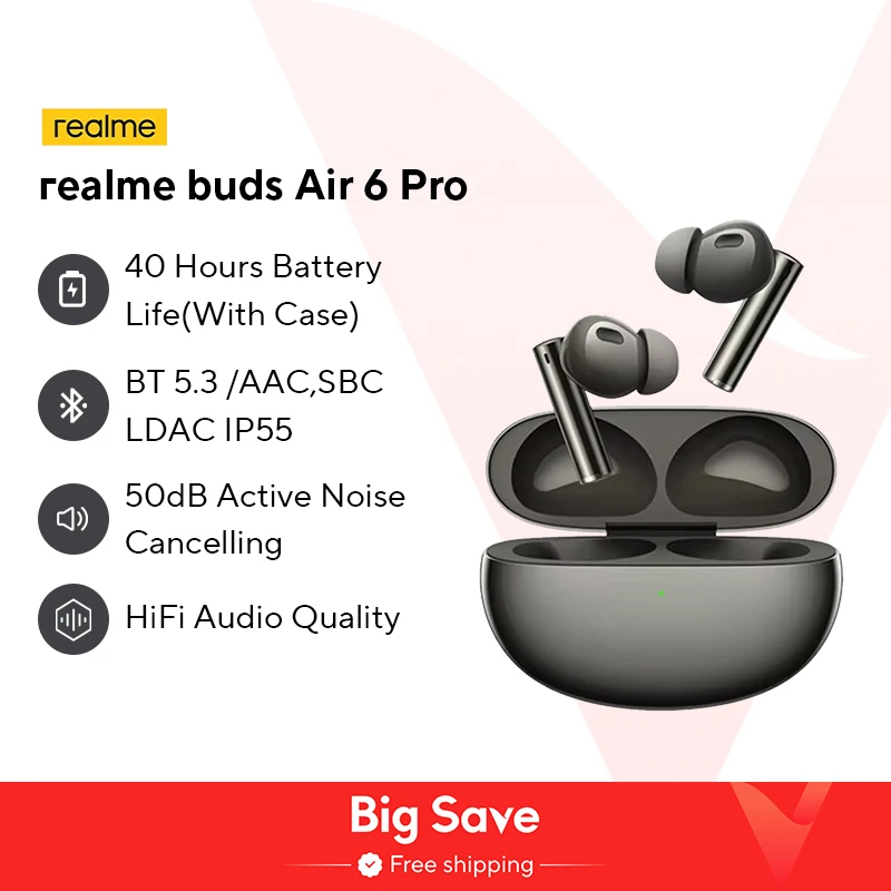 Realme Buds Air 6 Pro True Wireless Наушники 50 дБ Глубоковое шумоподавление 2,0 Bluetooth 5,3 Беспроводные наушники