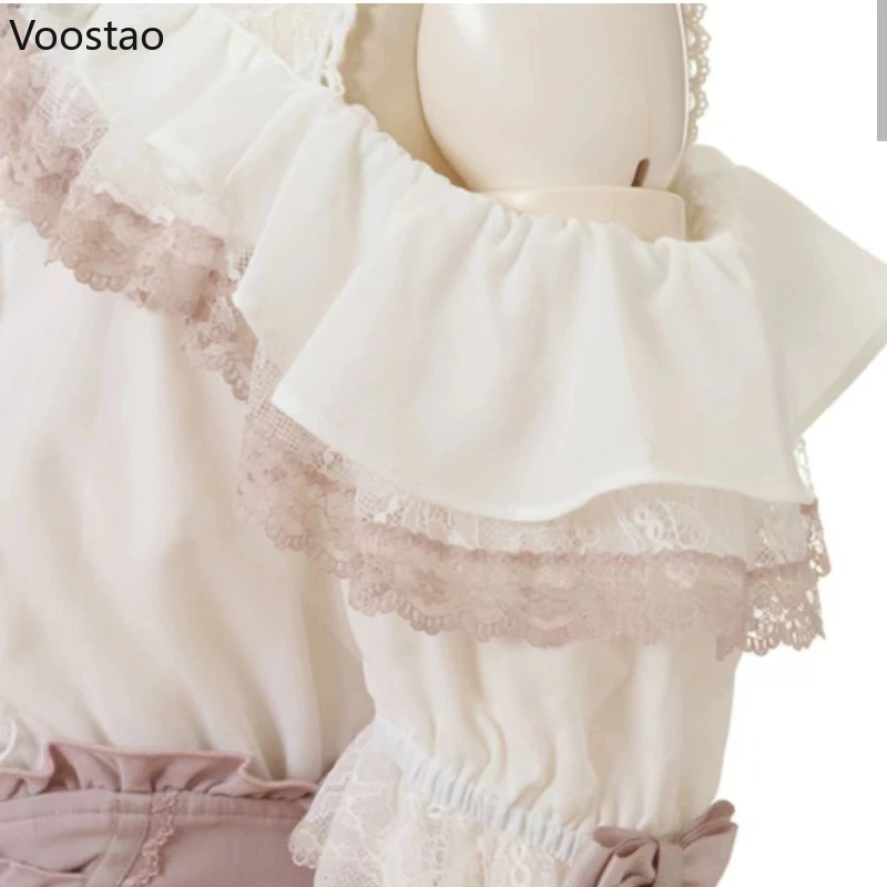 女性の愛の心の弓オフショルダーブラウス、日本の愛らしいロリータブラウス、女の子のためのjkシャツ、カジュアルレースフラップトップ、エレガント