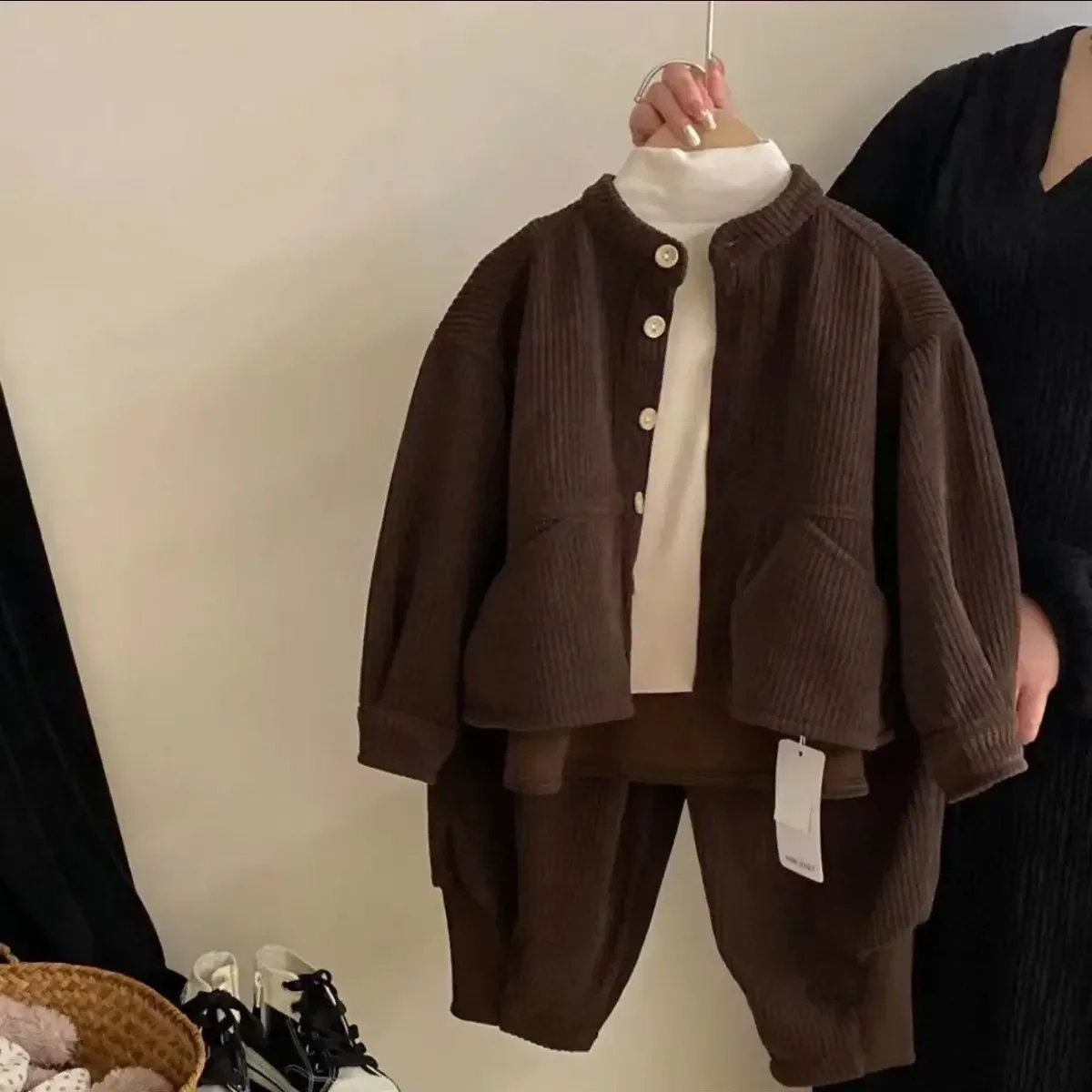 Conjunto de pana coreana con cuello levantado para niños y niñas, Top con una botonadura y pantalones, conjunto informal de dos piezas para primavera y otoño