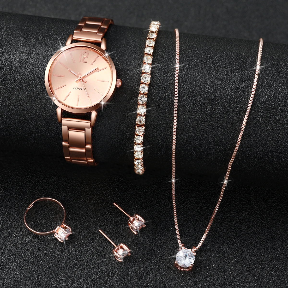 6 unids/set reloj de mujer moda banda de acero inoxidable relojes de cuarzo analógicos conjunto de joyería de diamantes (sin caja)