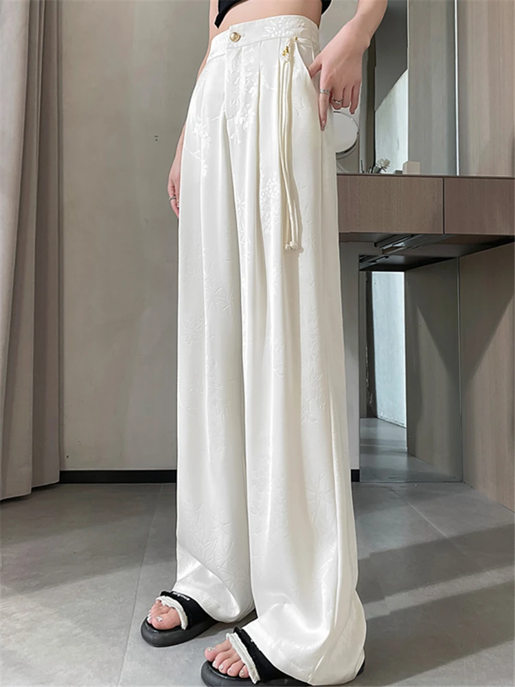 New Chinese Style Jacquard Wide Leg Satin Pants for Women Elegant Solid Office Lady Women's Casual Loose Pants Female