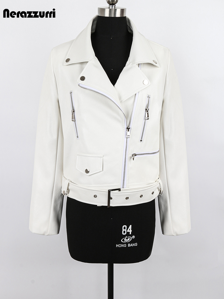 Nerazzurri 春秋ショート白黒ソフトフェイクレザーバイカージャケット女性長袖ジッパーベルト高級クールアウター