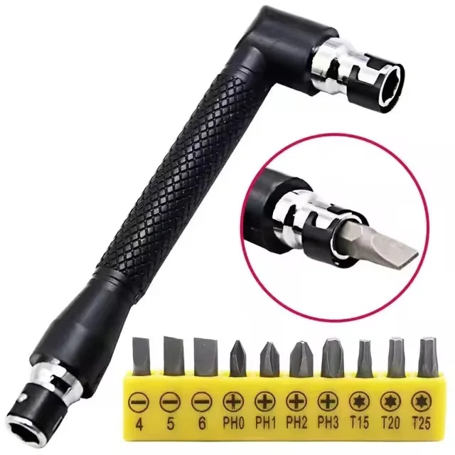 L-shaped 1/4 Hexagonal Screwdriver Bit 90 Degree Double Head Handle Black 6.35 Wrench 10pc Yellow Tape Screwdriver Bit Tool Set