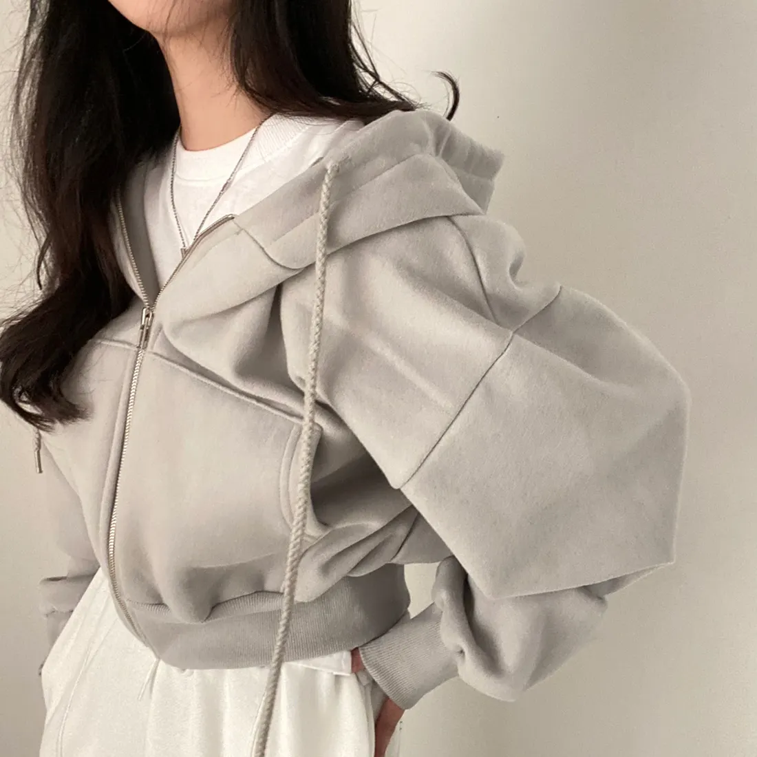 Sudadera con capucha informal para mujer, sudaderas con cremallera Y2K, camisa de manga larga Harajuku lisa, Tops cortos de gran tamaño, chaquetas sueltas para mujer, abrigo