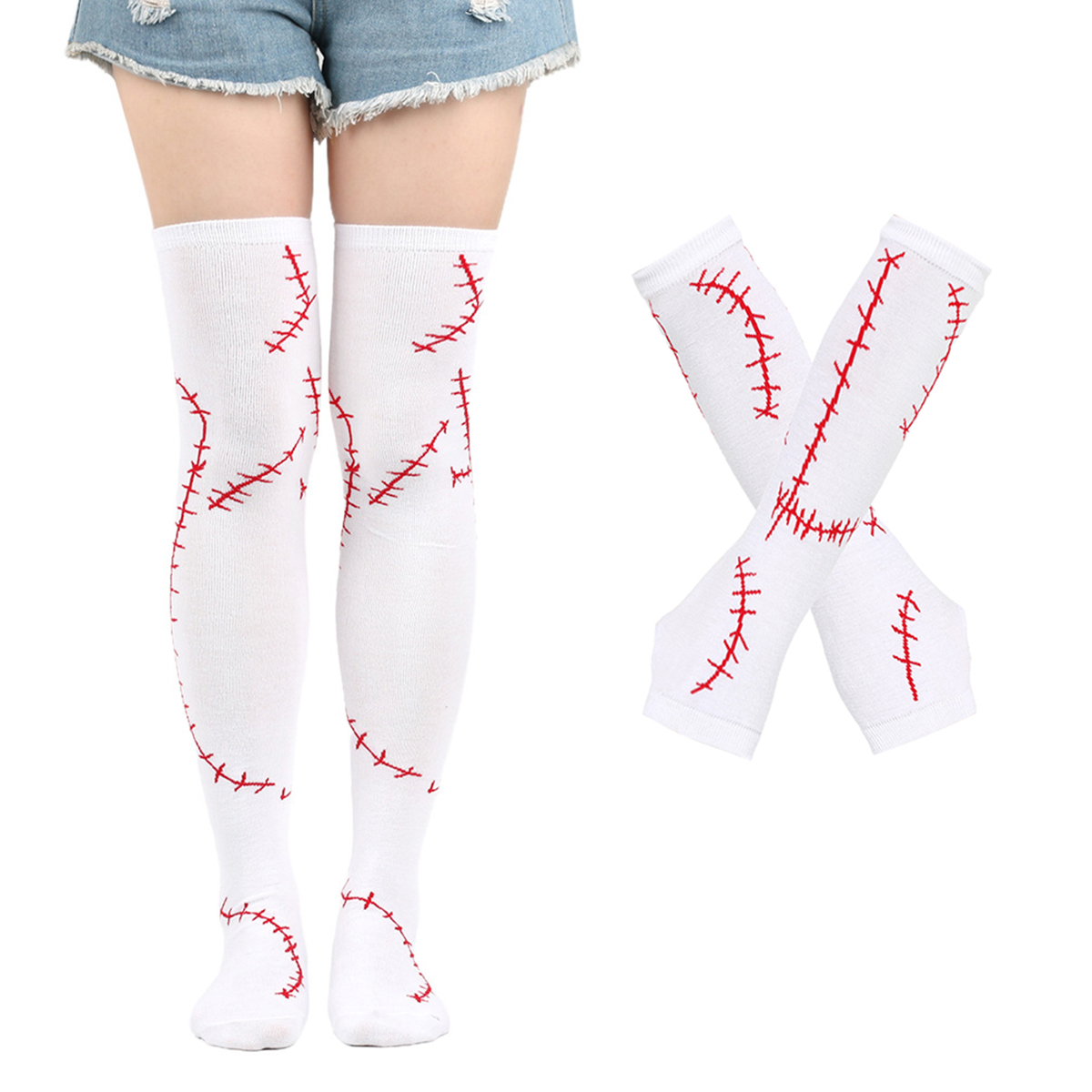 Womens Halloween Stocking Socks Knee High Socks Spoof Scar Thigh High Over The Knee Hosiery Arm Warmer Fingerless Gloves Set