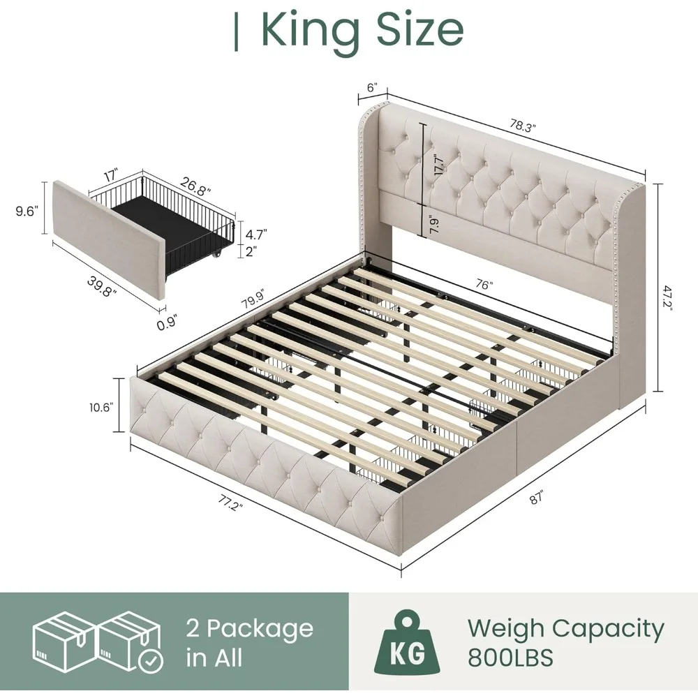 King Size Bed Frame with 4 Storage Drawers and Tufted Headboard Linen Upholstered Platform Bed Frame Wingback Beds with