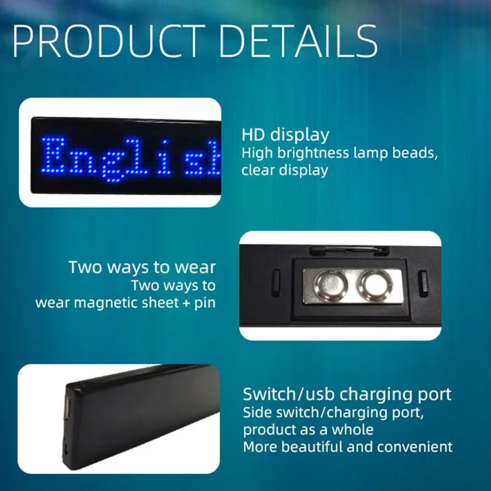 Insignia Digital LED multilingüe, recargable por USB, programable, bricolaje, insignia de nombre de texto HD, etiqueta LED enrollable, módulo de señal, luces de visualización
