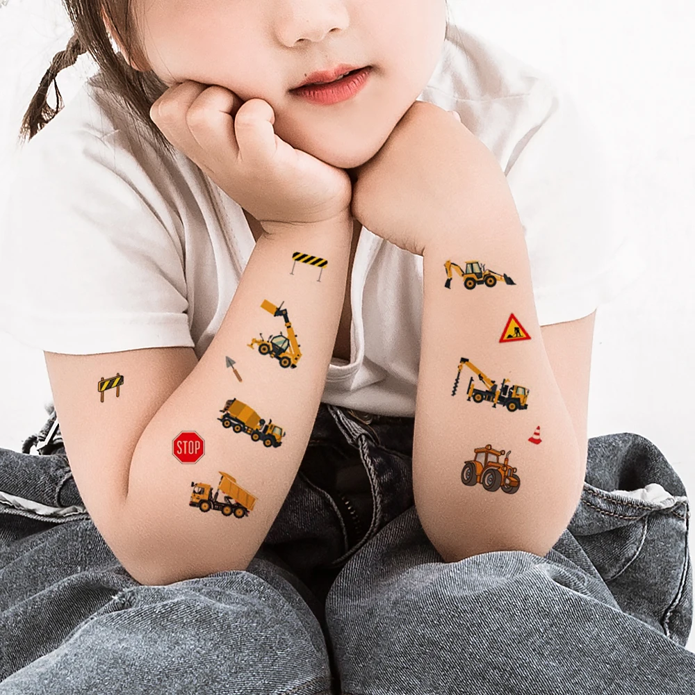10 個子供かわいいタトゥー防水一時的なステッカー漫画ショベルカーエンジニアリング車両ボディアートアームフェイクタトゥー女性男性