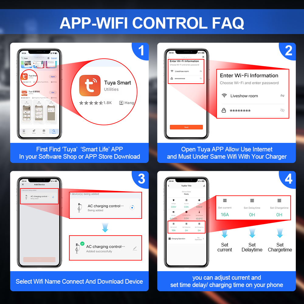 Kolanky Carregador EV Portátil, 7m CEE Plug para carro elétrico, Wi-Fi, App, Versão Bluetooth, EVSE, Cabo de carregamento, 3 Phase, Tipo 2, 11KW, 16A